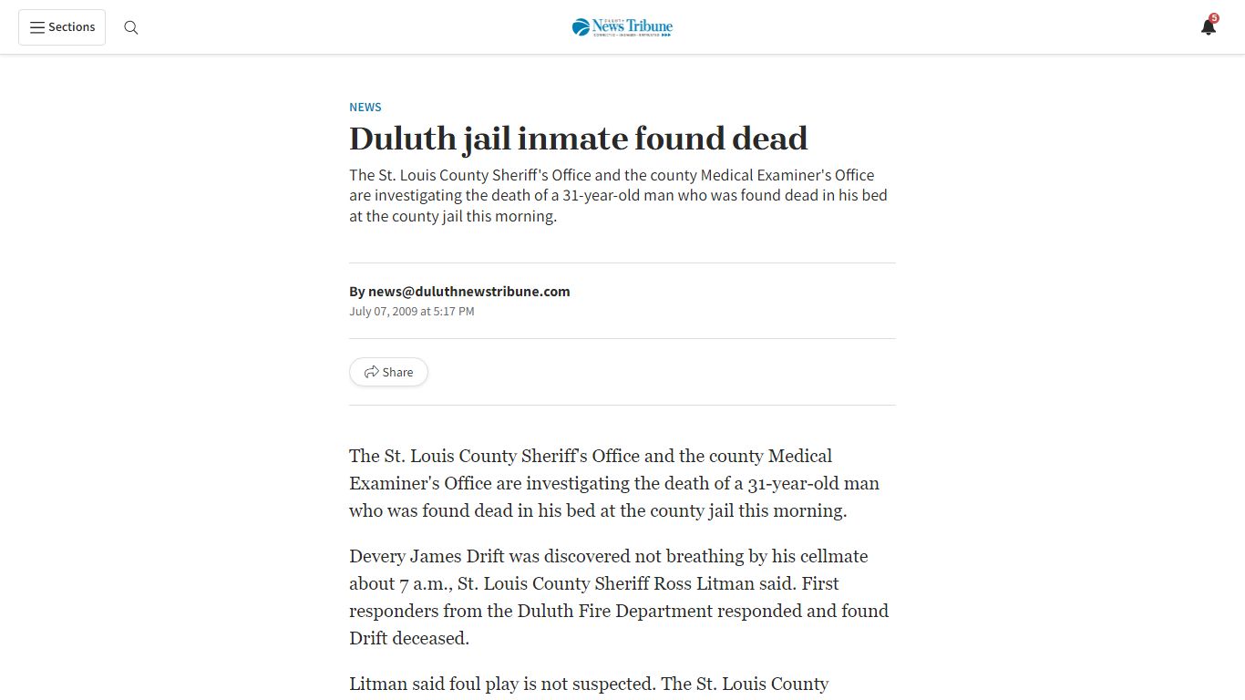 Duluth jail inmate found dead - Duluth News Tribune