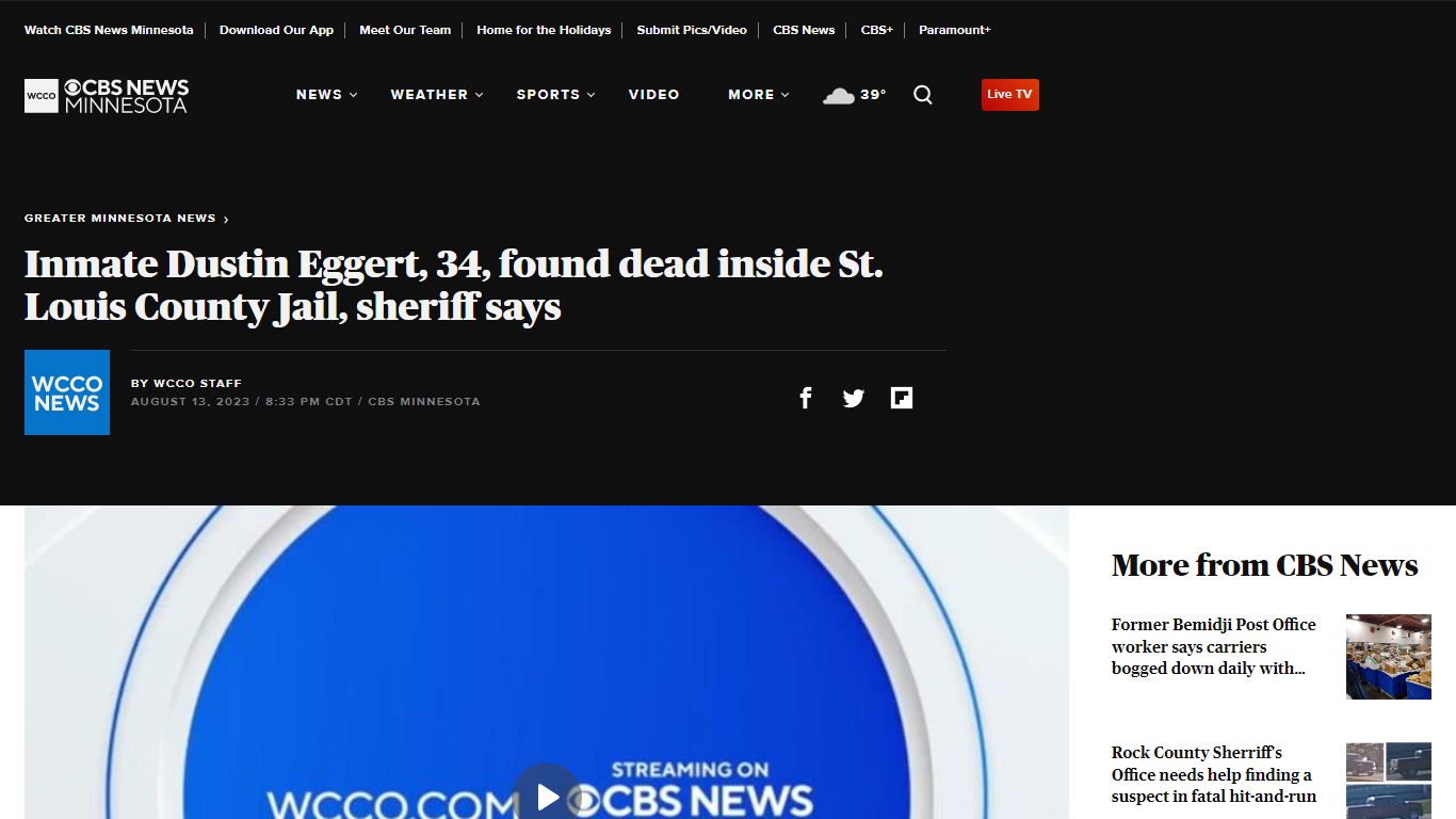 Inmate Dustin Eggert, 34, found dead inside St. Louis County Jail ...